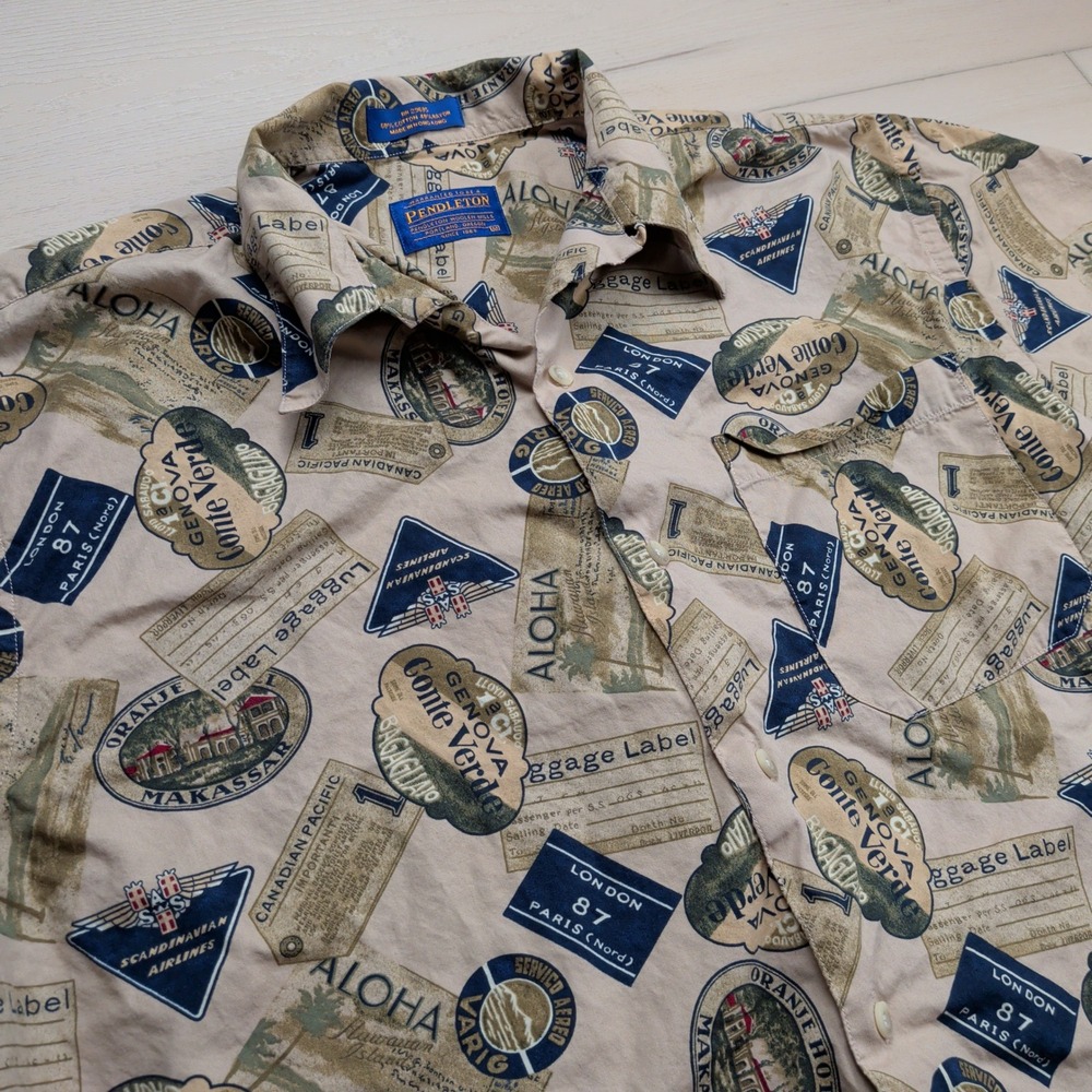 Vintage Pendleton Mens M Hawaiian Travel Print Button Up Shirt Tan Cotton Rayon